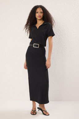 Trendyolmilla Siyah Fitted/Vucuda Oturan Fermuarl? Yaka Orme Bluz TWOSS25BZ00387