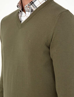 Koyu Haki Slim Fit V Yaka Basic Triko Kazak - Pierre cardin фото 7