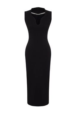 Siyah Vucuda Oturan Parlak Tasl? Yaka Detayl? Dokuma S?k Abiye Elbise TPRSS24EL00203 - Trendyolmilla фото 7