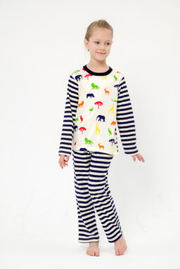 Пижама детская из джемпера и брюк без манжет из интерлока Сафари темно-синий полоса - Амадэль фото 25