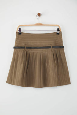 Bej Cizgili Yuksek Belli Kemerli Piliseli Dokuma Mini Etek TWOAW26ET00030 - Trendyolmilla фото 6