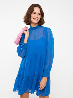 Dik Yaka D?z Uzun Kollu ?ifon Elbise