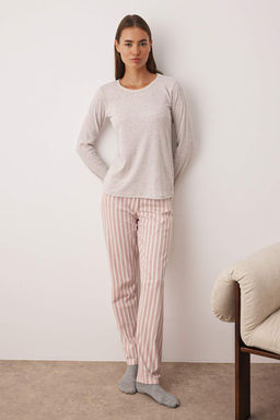 Bej-Pembe Ust Fitilli, Alt Pamuklu Cizgili Orme Pijama Tak?m? THMAW26PT00095 - Trendyolmilla фото 2