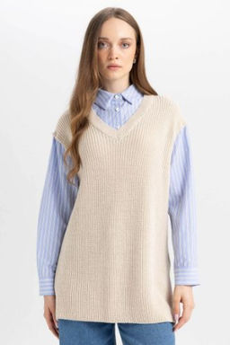 Regular Fit V Yaka Yandan Y?rtmacl? Triko Suveter Tunik