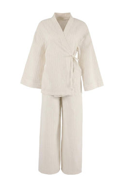 Ekru Cizgili Dokuma Muslin 100% Pamuk Plaj Kimono Pantolon Tak?m TBESS26AU00023