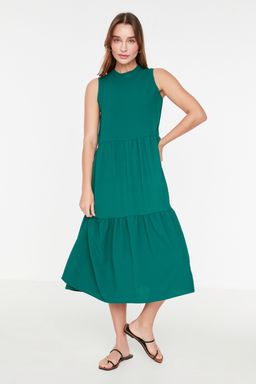 Zumrut Yesili Shift/Duz Kesim Dik Yaka Midi Dokuma Elbise TWOSS20EL1864