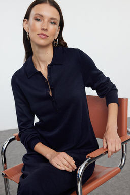 Lacivert Midi Triko Polo Yaka Elbise TWOAW25EL00010