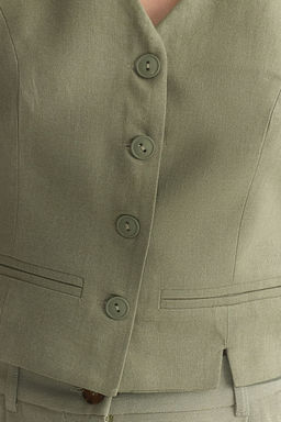 Ac?k Haki Fitted Keten Gorunumlu V Yaka Crop Dokuma Yelek TWOSS25YE00028