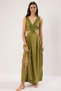 TRENDYOLMILLA Siyah Dokuma Puskullu Cut Out/Pencere Maxi Plaj Elbisesi TBESS21EL3624 фото 20