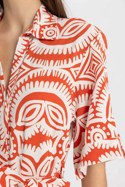 Платье миди из смесового льна с рубашечным воротником и рисунком с короткими рукавами - Defacto фото 5