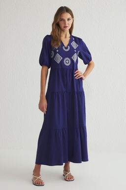 Lacivert Duz Kesim Nak?sl? Maxi Dokuma Elbise TWOSS25EL00058