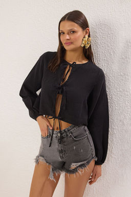 TRENDYOLMILLA Sar? Dokuma %100 Keten Baglamal? Balon Kollu Plaj Gomlek TBESS25GO00016 фото 19