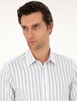 Синяя рубашка узкого кроя в полоску из смесового хлопка - Cacharel фото 2