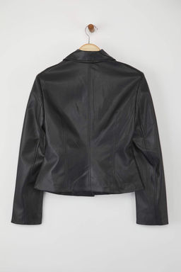 Siyah Suni Deri Fitted/Vucuda Oturan Kaplama Dugmeli Ceket TWOAW26CE00009 - Trendyolmilla фото 6