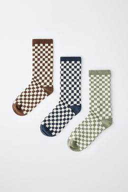 PACK TRES CALCETINES LARGOS CUADRO DAMERO / Beige claro