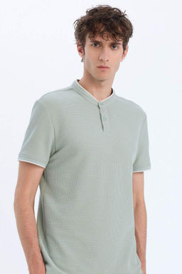 Slim Fit Dar Kesim Dik Yaka K?sa Kollu Waffle Polo Tisort - Defacto фото 2
