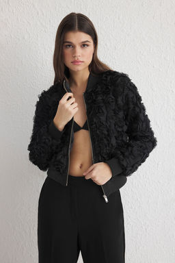 Trendyolmilla Siyah Oversize 3 Boyutlu Cicek Desenli Bomber Ince Ceket Mont TWOSS25MO00013  фото 3