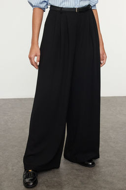 Siyah Kemerli Pilili Wide Leg/Extra Genis Paca Dokuma Pantolon TWOAW25PL00032 Palazzo