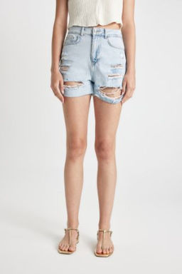 Mom Fit Yuksek Bel Paca Ucu Kesik Jean Sort