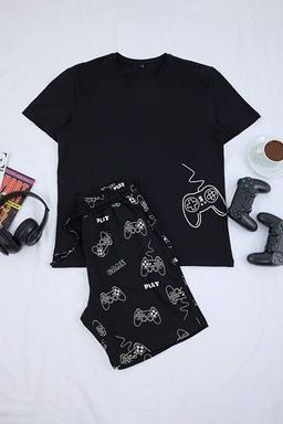 Siyah Regular Fit Bask_l_ _ortlu Pijama Tak_m_ TMNSS25PT00060