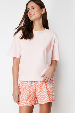 Trendyolmilla Pembe %100 Pamuklu Zebra Bask?l? Sortlu Orme Pijama Tak?m? THMSS24PT00042  фото 2