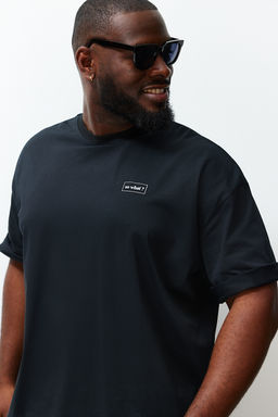 Buyuk Beden Siyah Oversize Yaz? Bask?l? %100 Pamuklu T-shirt TMNSS24BF00031