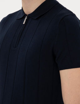 Lacivert Slim Fit Fermuarl_ Polo Yaka Triko Kazak