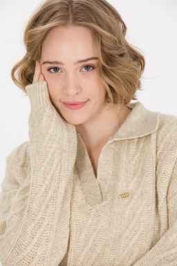 U. S. Polo Assn Женский свитер из меланжевого камня с v-образным вырезом - U.s. polo assn фото 3