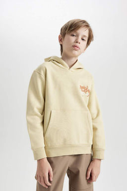 Бежевый плотный свитшот обычного кроя с капюшоном и принтом на спине для мальчиков - Defacto фото 4