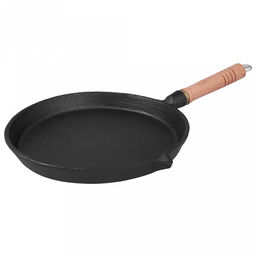 Сковорода чугунная д21,5см, h5см, длина 42см, деревянная ручка, "My Real Iron Cook" (Китай)