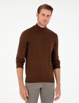 Koyu Kahverengi Slim Fit Yar_m Bal_k__ Yaka Basic Triko Kazak