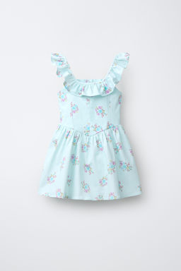 VESTIDO VOLANTES ESTAMPADO FLORES / Azul pastel