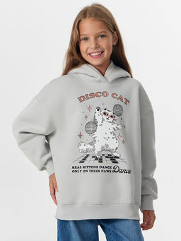 Худи для девочек серое с надписью Disco cat