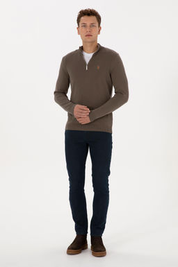 Erkek Slim Fit Yar_m Fermuarl_ Vizon Basic Kazak