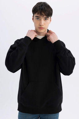 Oversize Genis Kal?p Kapusonlu Kanguru Cepli Basic Duz Sweatshirt - Defacto фото 2