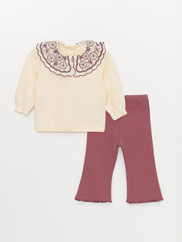 Bebe Yaka Uzun Kollu Nak??l? K?z Bebek Sweatshirt ve Tayt 2li Tak?m