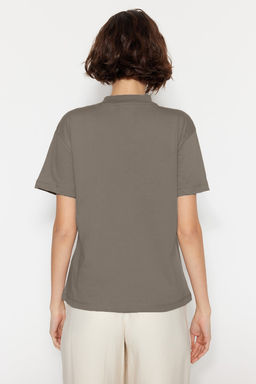 Yag Yesili-Gri 2li Paket %100 Pamuk Basic Dik Yaka Orme T-Shirt TWOSS20TS1500