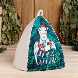 Шапка для бани и сауны, с принтом С новым годом! Дед Мороз с веником и бокалом , полиэфир 70%, шерсть 30%, Банная забава