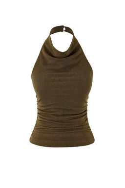 Haki Yuksek Degaje Yaka Simli Orme Party Bluz TPRSS26BZ00005