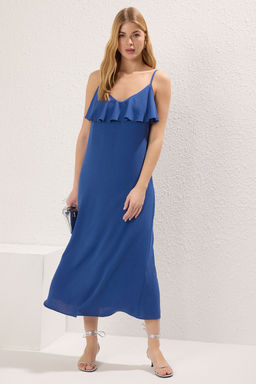 TRENDYOLMILLA Indigo Duz Kesim F?rf?rl? Maxi Dokuma Elbise TWOSS25EL00490  фото 5