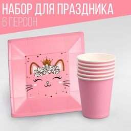 Набор посуды Котик: стаканы 6 шт., тарелки 6 шт.