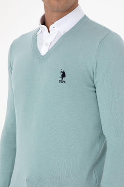 Erkek Slim Fit V Yaka Mint Basic Kazak