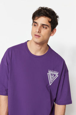 Mor Oversize Bisiklet Yaka K?sa Kollu Sehir Bask?l? %100 Pamuklu T-Shirt TMNSS20TS1102