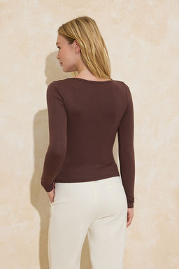 Kahverengi Fitted/Vucuda Oturan V Yaka Uzun Kollu Esnek Orme Bluz TWOSS26BZ00244