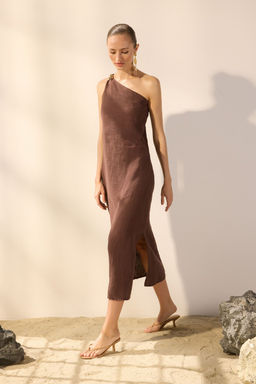 Trendyolmilla Kahverengi %100 Keten Tek Kol Midi Elbise TWOSS25EL00616