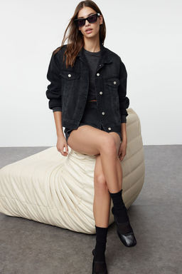 Siyah Trucker Denim Ceket TWOAW25CE00003 - Trendyolmilla фото 6