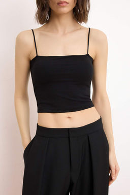 Siyah Fitted/Vucuda Oturan Ask?l? Straplez Kolsuz Pamuklu Esnek Orme Atlet TWOSS26AL00048 - Trendyolmilla фото 3