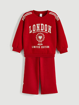 Bask?l? K?z ?ocuk Sweatshirt ve Pantolon 2li