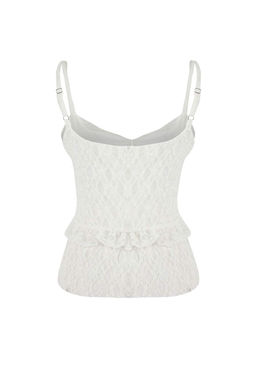 Teen Ekru Fitted/Vucuda Oturan V Yaka Kolsuz Volanl?/F?rf?rl? Dantel Orme Bluz TWOSS26BZ00032