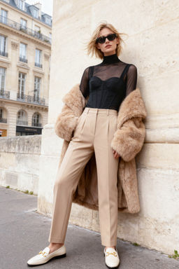 Ac?k Kahverengi Straight/Duz Kesim Yuksek Bel Nervur Dikisli Dokuma Pantolon TWOSS21PL0093